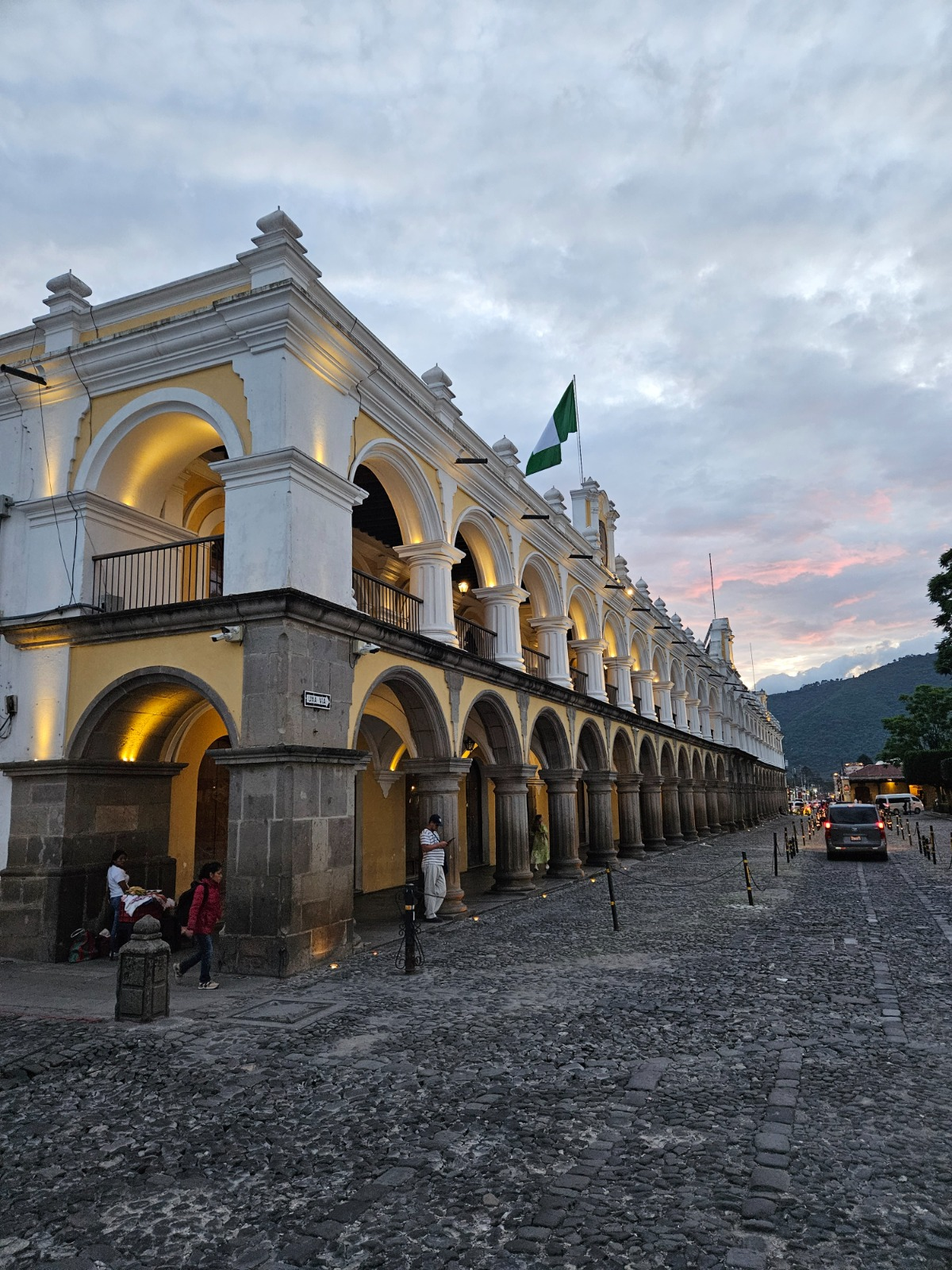 Antigua Guatemala colonnade at sunset